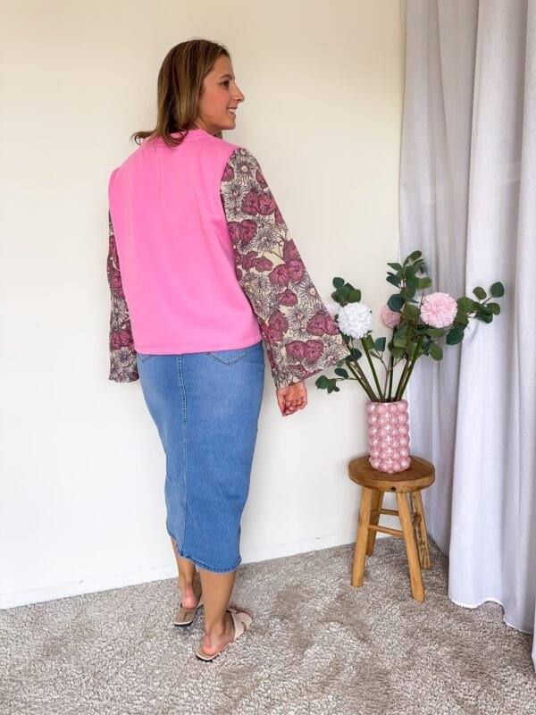 Roze sweater met jacquard mouwen - Afbeelding 2
